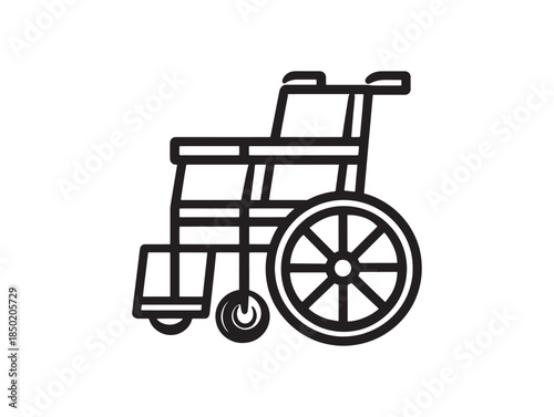 Simple black and white line art illustration of a standard manual wheelchair with large wheels and armrests