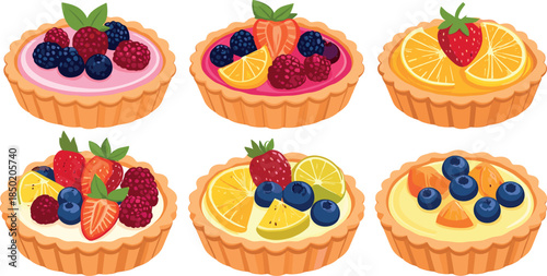 Collection of Colorful Fruit Tarts Topped with Fresh Raspberries Blueberries Strawberries and Citrus Slices