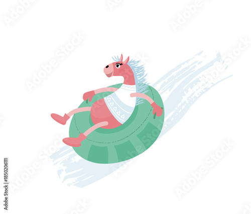 Pink horse riding a snow tube downhill. Cute winter illustration. Playful festive character in flat style, perfect for Christmas, New Year, winter holidays, kids and greeting card designs.