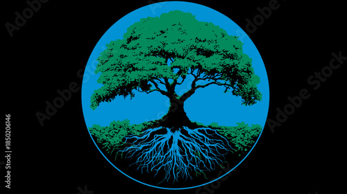 Vibrant green tree with deep blue roots in a circular design, symbolizing nature, growth, and ecological balance. Digital illustration.