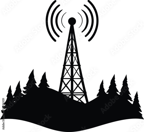 Forest Landscape with Communication Tower Broadcasting Wireless Signals Amidst Pine Trees
