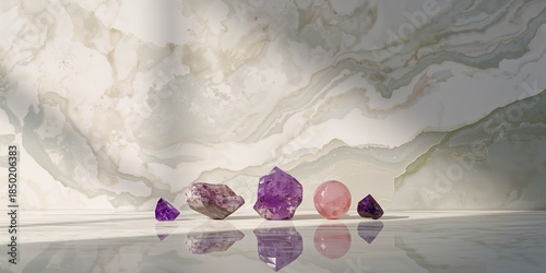 Collection of gemstones including fluorite, amethyst, and rose quartz on a marble surface, used for crystal healing and relaxation
