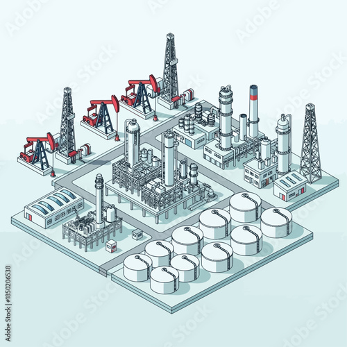Isometric illustration of an oil refinery complex with drilling rigs, processing units, and storage tanks, depicting the petroleum industry.