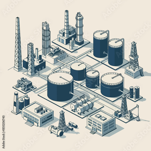 Isometric illustration of an industrial complex with oil refinery elements, storage tanks, pipelines, and factory buildings.