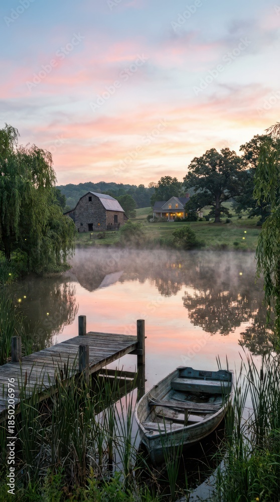 Fototapeta premium Serene Lakeside View with Barn and Boat at Dawn