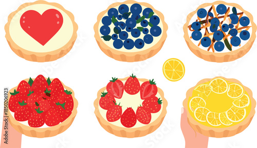 Overhead View of Hands Holding Assorted Fruit Tarts with Heart Topping Strawberry Blueberry and Lemon