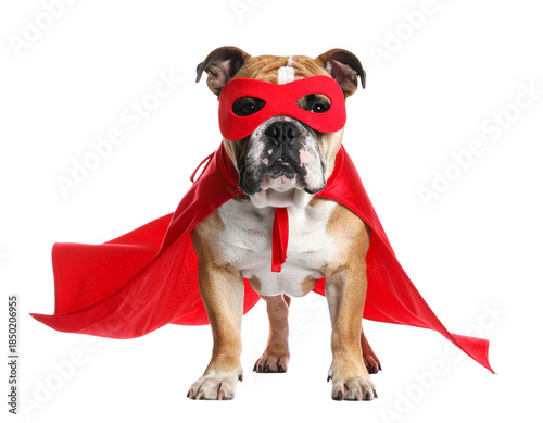 Bulldog Superhero in Red Cape Standing Proudly, Front View, isolated on transparent background