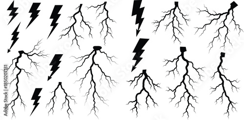Collection of stylized lightning bolt shapes and branched lightning strike silhouettes isolated