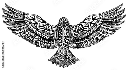 Majestic ornate owl with widespread wings, elaborate black and white tribal art, detailed decorative illustration.