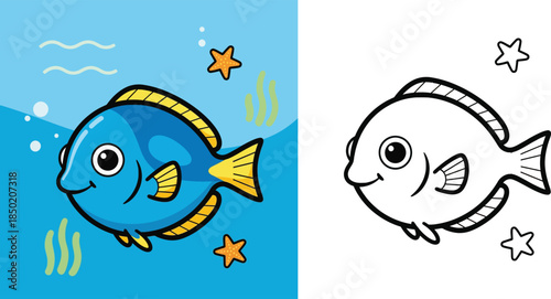 Cute Cartoon Blue Tang Fish Swimming Underwater with Starfish and Seaweed