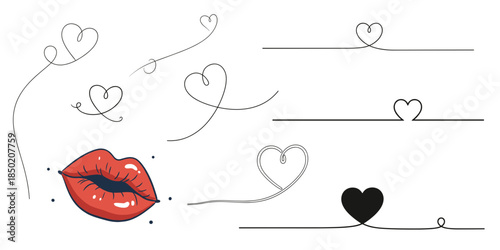 Set of decorative hearts and lines with red lips on transparent background
 