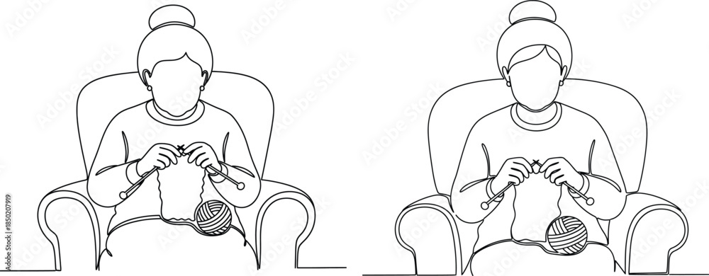 Fototapeta premium Continuous line drawing of elderly woman knitting while sitting comfortably in armchair