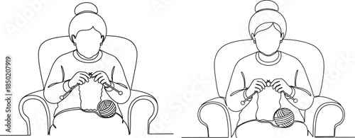 Continuous line drawing of elderly woman knitting while sitting comfortably in armchair