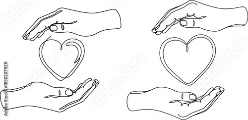 Continuous line drawing of hands cradling heart, charity support concept illustration