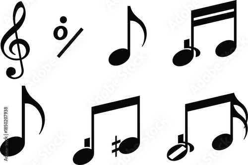 Music notation symbols illustration, treble clef, eighth notes, whole rest, sharp sign, staccato mark, sheet music elements, musical icons
