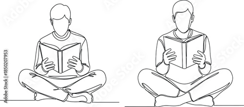 Continuous line drawing of man reading book sitting crosslegged in two variations