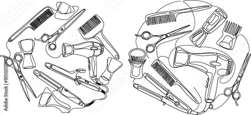 Continuous line drawing of professional barber tools in two circular compositions, salon equipment
