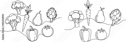 Continuous line drawing of vegetables and fruit, minimalistic organic farming illustration