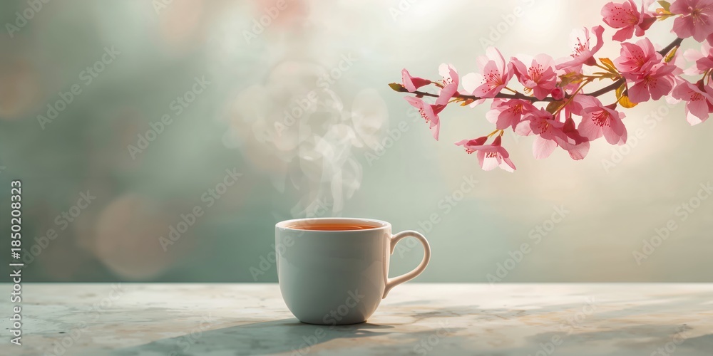 Cherry blossom and tea arrangement, suitable for decorative or thematic design backgrounds