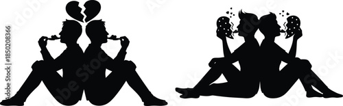 Couple eating love cookie, broken heart and happy heart silhouette illustration