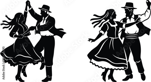 Couple in folk costumes dancing, traditional performance silhouette, cutout illustration
