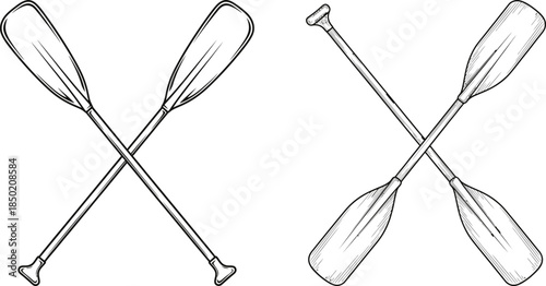 Crossed canoe paddles line art with classic grip, vintage engraving style illustration