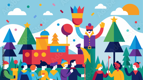 Festive train parade with christmas trees