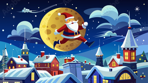 Santa running over rooftops at night time