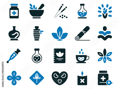 A collection of wellness and herbal remedy icons, featuring blue and black designs for various natural health concepts.