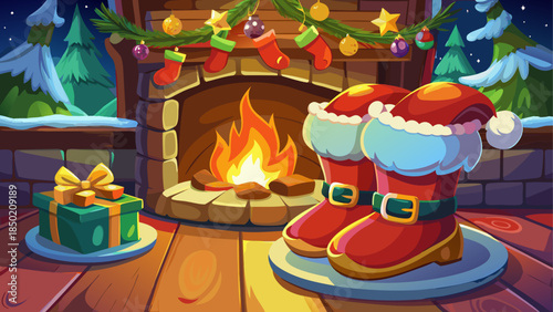 Christmas fireplace with santa boots gifts
