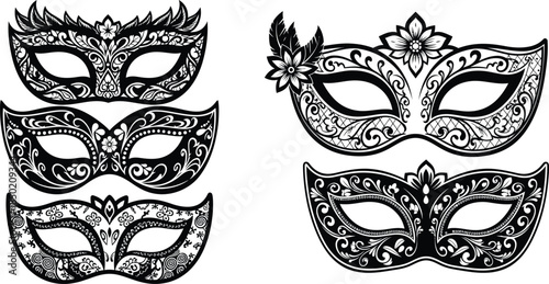 Decorative venetian masquerade masks collection with floral patterns in elegant line art style