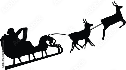 Black silhouette of Santa Claus in his sleigh pulled by flying reindeer, isolated on a white background vector.
