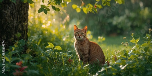 Rain-soaked feline amid vibrant green foliage, highlighting wildlife adaptation and moisture exposure