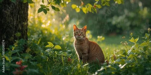 Fototapeta samoprzylepna Rain-soaked feline amid vibrant green foliage, highlighting wildlife adaptation and moisture exposure