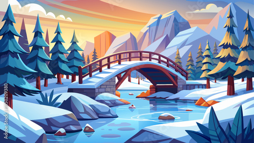 Winter landscape with bridge and mountains