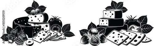 depiction of cheese, hazelnuts, and tomatoes, rustic food arrangement in monochrome