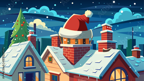 Christmas eve in the snowy town at night