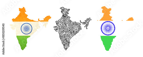 Three artistic interpretations of the map of india representing its national flag and cultural heritage