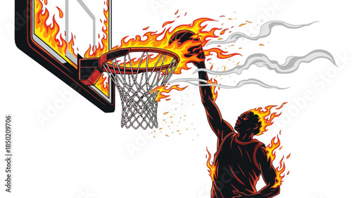 Fiery basketball player slamming a flaming ball through a hoop with smoke trailing