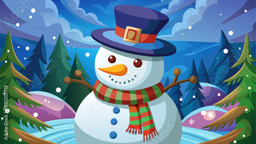 Cartoon snowman in winter forest scene art