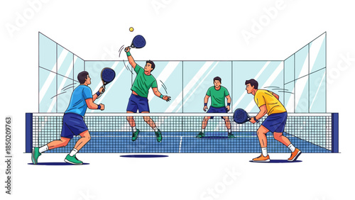 Four players engaging in a game of Padel tennis within a glasswalled court