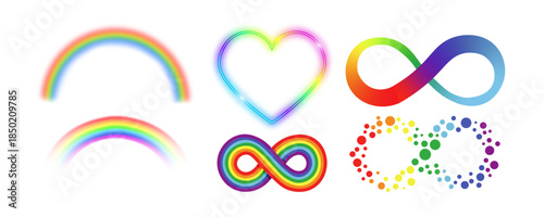Neurodiversity collection with rainbow infinity symbols, heart shapes, and arcs for autism awareness