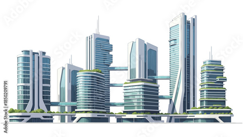 Futuristic city skyline with interconnected glassy skyscrapers and green rooftops