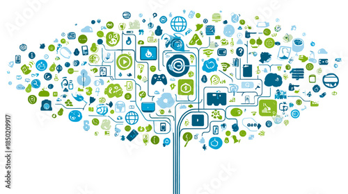 Abstract Digital Network Tree with Connected Icons. Global Technology, Communication, Data Flow, Internet of Things Concept.