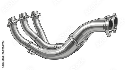 Grayscale drawing of a fourintotwo motorcycle exhaust header pipe assembly