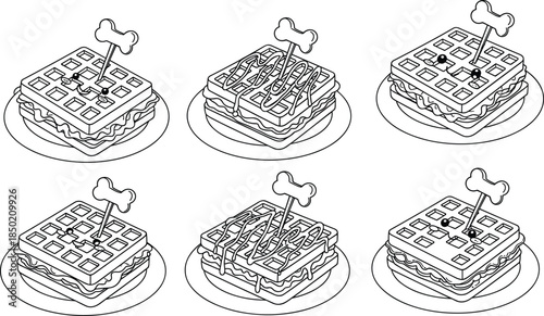 Cartoon waffle sandwich vector illustration, breakfast food clipart, bone stick dessert, cute snack design, isolated, colorful, playful, editable graphic
