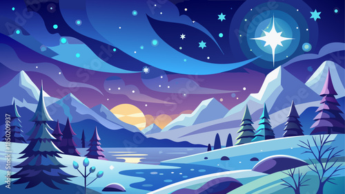 Winter landscape with mountains and stars