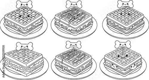 Cartoon waffle sandwich vector illustration, cute breakfast food with faces, bone stick dessert, colorful snack clipart, playful, isolated, editable design