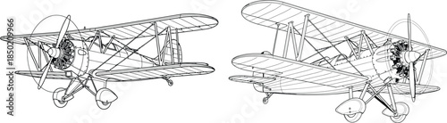 Detailed vintage biplane blueprint with propeller, showing two different perspectives on an isolated background