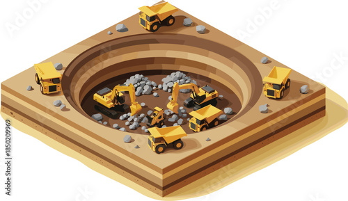 Isometric mining site illustration, excavation pit, heavy machinery, dump trucks, geological layers, construction equipment, industrial scene, earthmoving operation, terrain detail